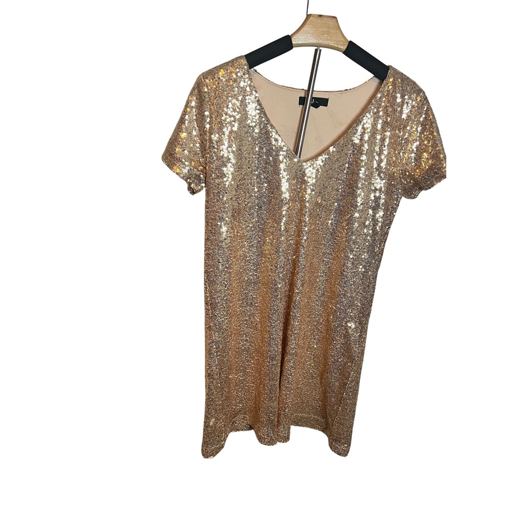 Lulus Womens Gold Sequin V-Neck Short‎ Sleeve Mini Shift Party Dress Size M